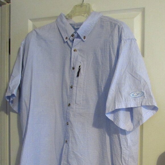 DRAKE Blue & White Striped Seersucker Shirt Button Front Short Sleeves  Size XL - Picture 1 of 5